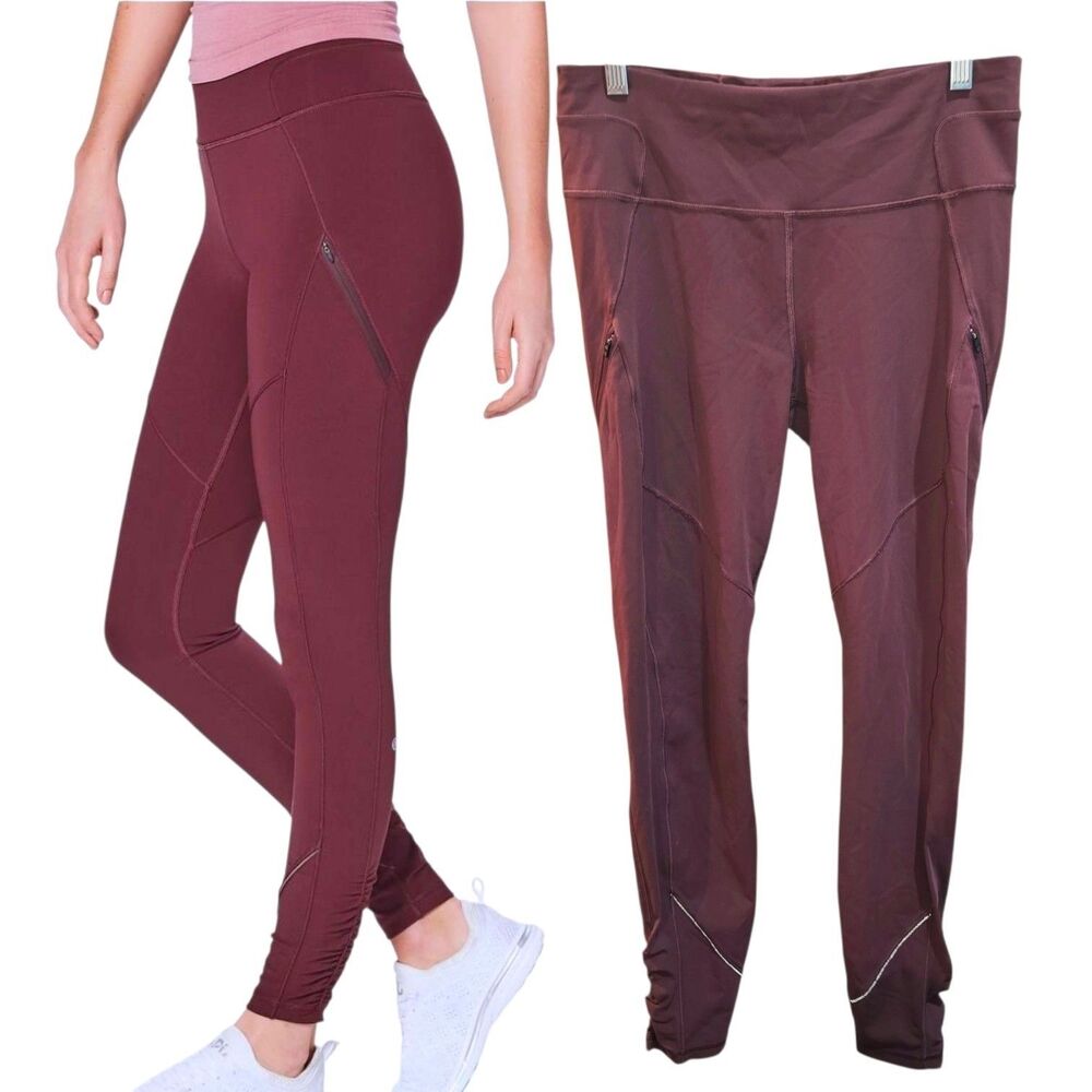 LULULEMON Sz 4 Rain-On Train-On Redwood Maroon Athletic Yoga Logo Leggings